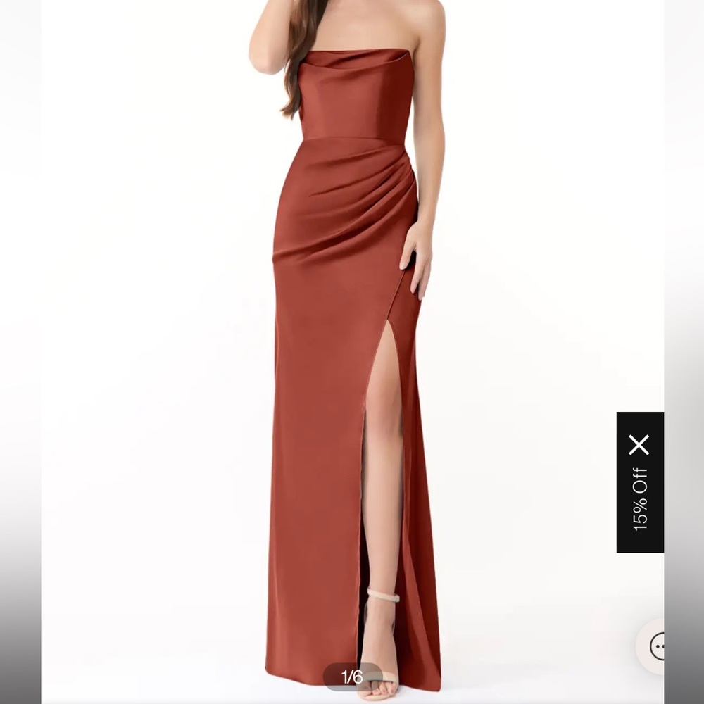Azazie Leonis bridesmaids dress terracotta, maroon, rust, red formal maxi dress